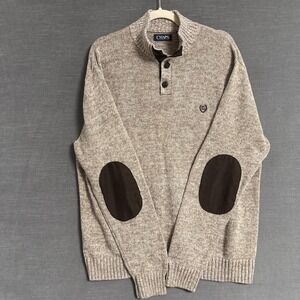 Chaps Sweater Mens XL Beige Solid Cotton Knit Henley Elbow Patches Pullover Prep